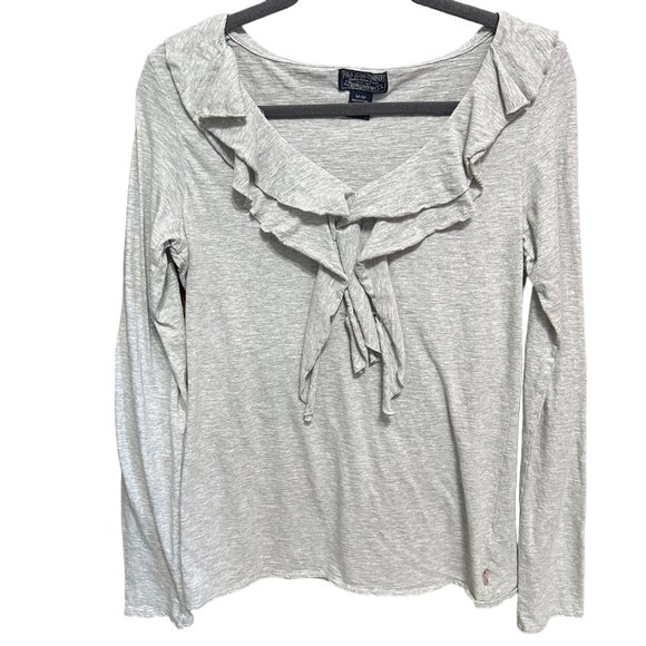 Polo Jean Company Ralph Lauren size M gray ruffle v neck knit top - Picture 1 of 9